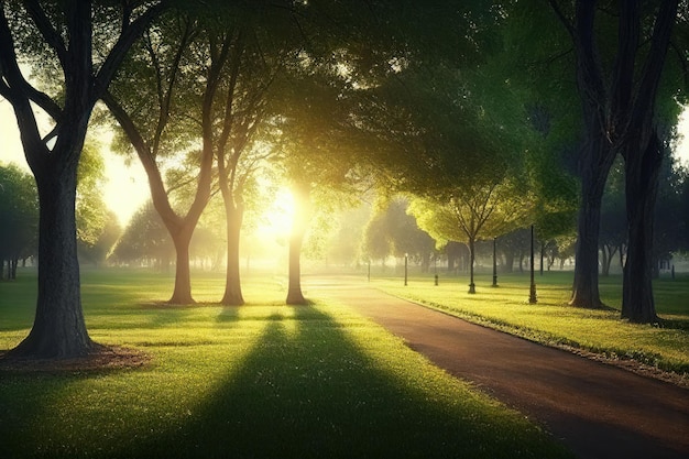 Beautiful public park with green grass field on morning light Created with Generative AI technology