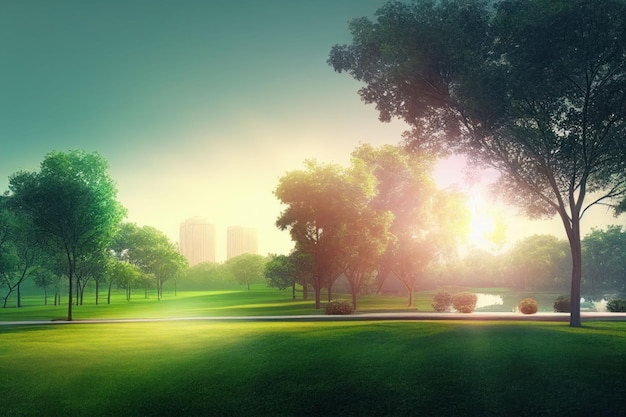 Beautiful public park with green grass field on morning light Created with Generative AI technology