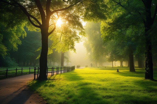 Beautiful public park with green grass field on morning light Created with Generative AI technology