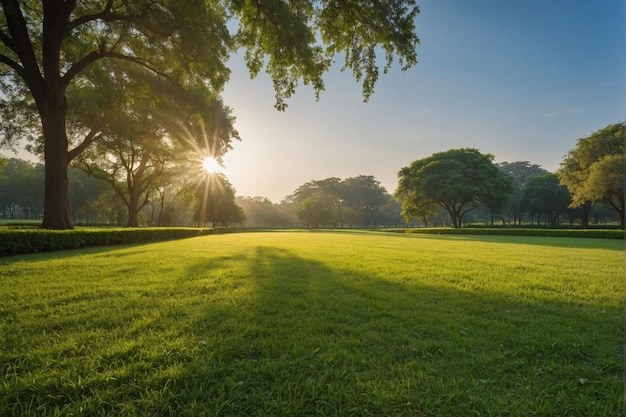 Beautiful public park with green grass field in morning light created with technology