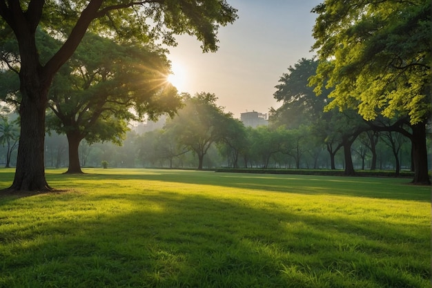 Beautiful public park with green grass field in morning light created with technology