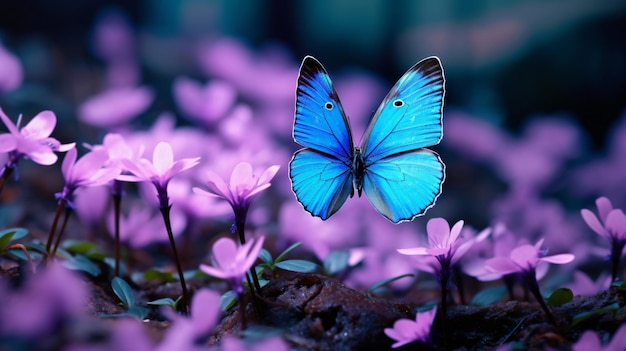 Beautiful purple blue butterfly on an anemone forest