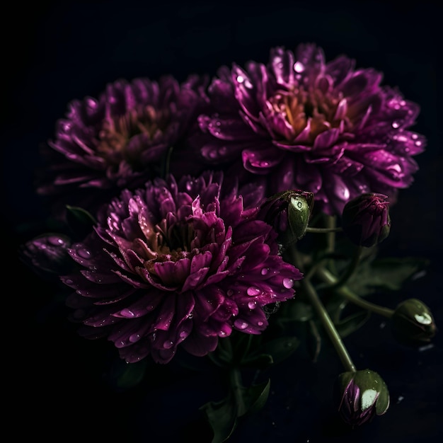 Beautiful purple chrysanthemums on a black background