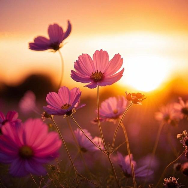 Photo beautiful purple cosmos blooming at sunset