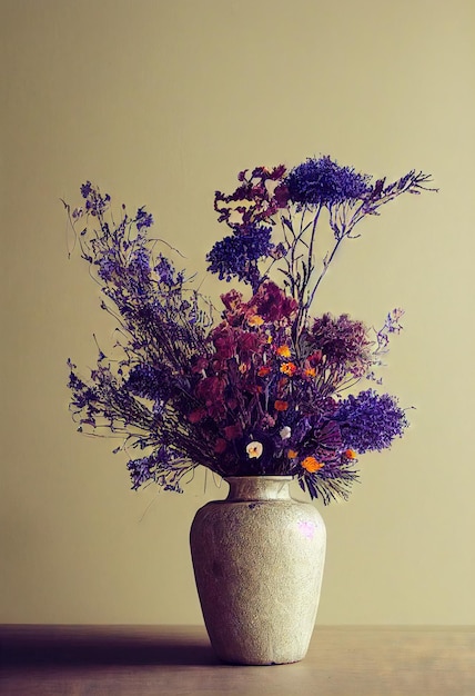 Beautiful purple dried flowers bouquet in vase on pale yellow background