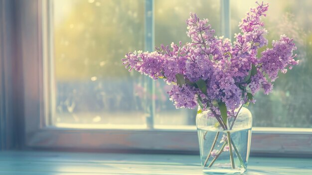 Beautiful purple flowers bunch on table glass in summer season