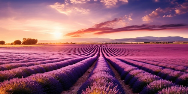 Beautiful purple lavender fields at sunset Valensole Provence France Europe