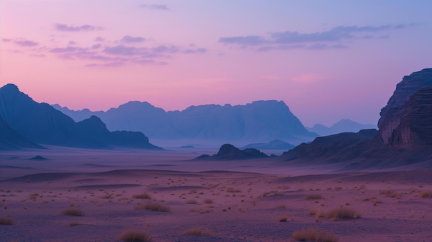 Beautiful purple mountainous desert foggy landscape at sunrise dawn