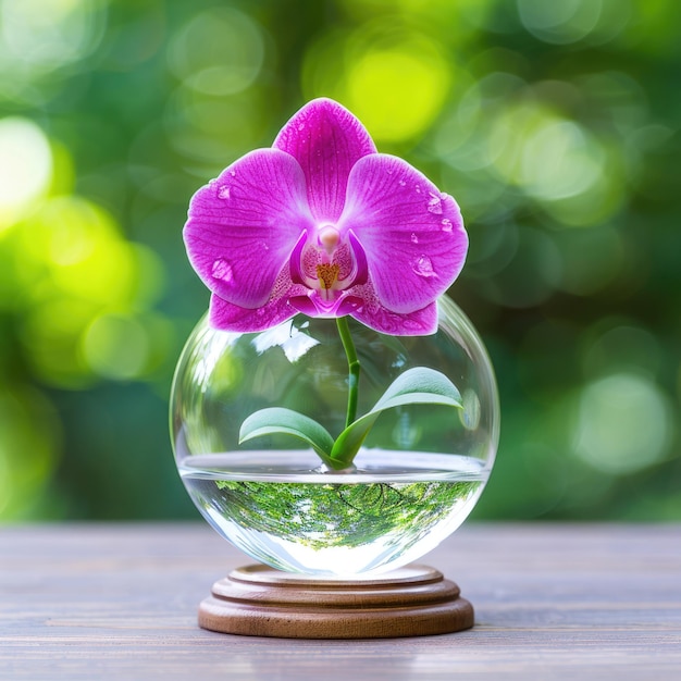 Photo beautiful purple orchid in a glass sphere placed on a wooden table in a bright garden setting