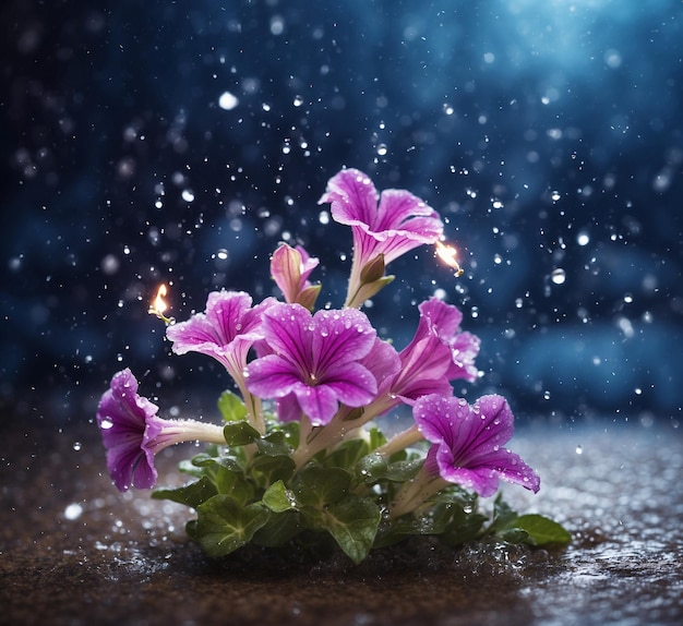 Beautiful purple petunia flowers with water drops on dark background