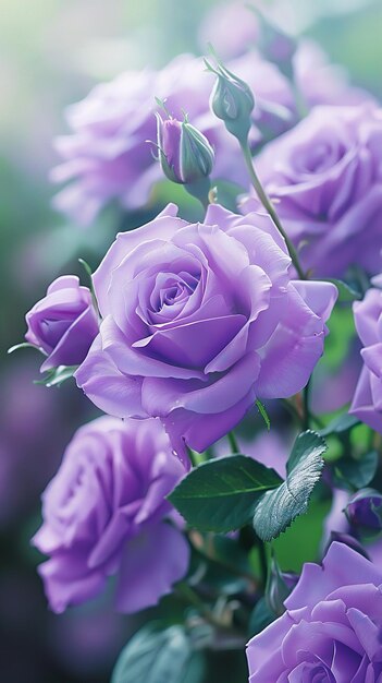 Photo beautiful purple roses in the early morning light with lush green leaves in the style of high