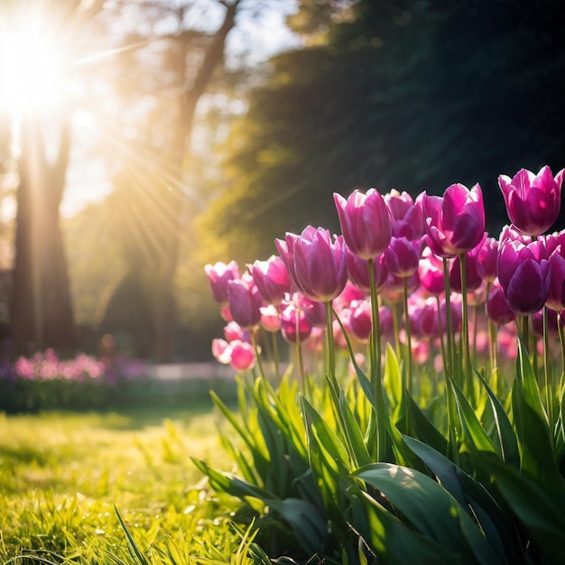 Photo beautiful purple tulips blooming in a sunlit park