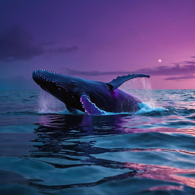 Beautiful purple whale crossing the ocean at midnight with a small moon background 8k