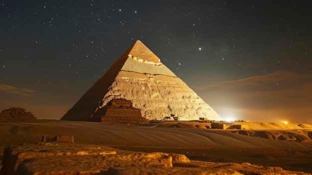 beautiful pyramid of giza night view in high resolution and starry night luminous sky wonders of the world concept