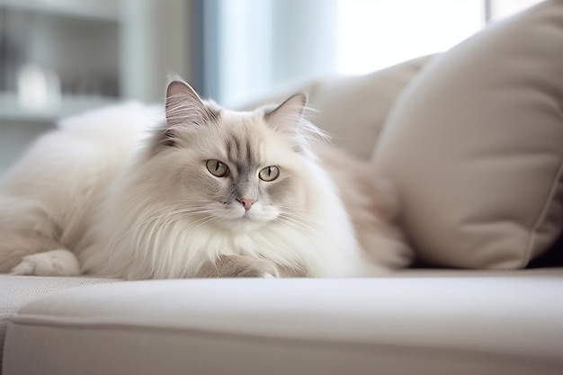 Beautiful Ragdoll cat lying on the sofa