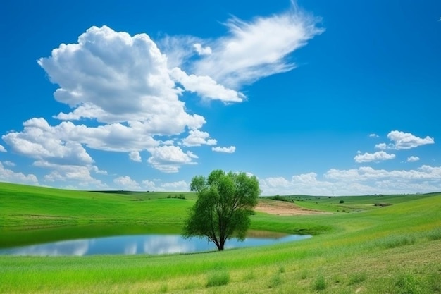 Beautiful rainbow and green field with different color trees and blue sky with clouds