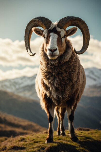 A beautiful ram with horns at sunset against the backdrop of picturesque nature mountains