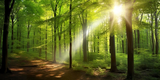 Beautiful rays of sunlight in a green forest Generative AI