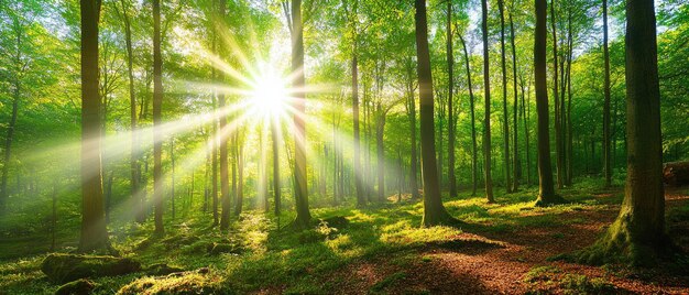 Photo beautiful rays of sunlight in a green forest