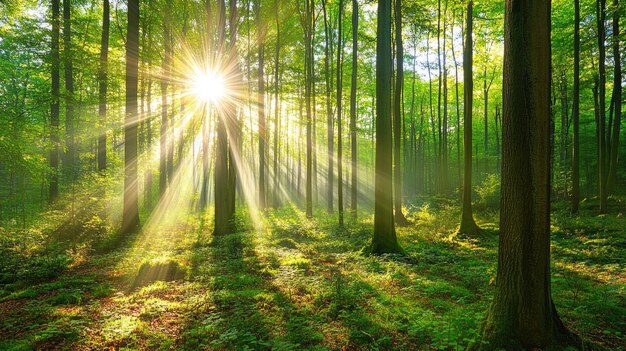 Beautiful rays of sunlight in a green forest