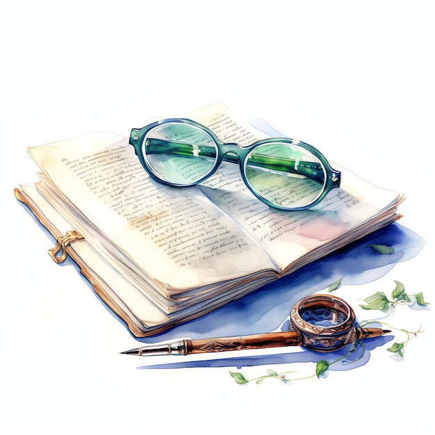 beautiful Reading glasses and a handwritten letter on a desk watercolor clipart