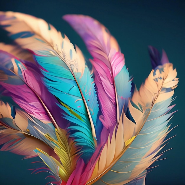 Beautiful Real feathers trend color pink coral and blue on pink background closeup