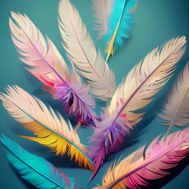 Beautiful Real feathers trend color pink coral and blue on pink background closeup