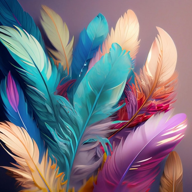 Beautiful Real feathers trend color pink coral and blue on pink background closeup