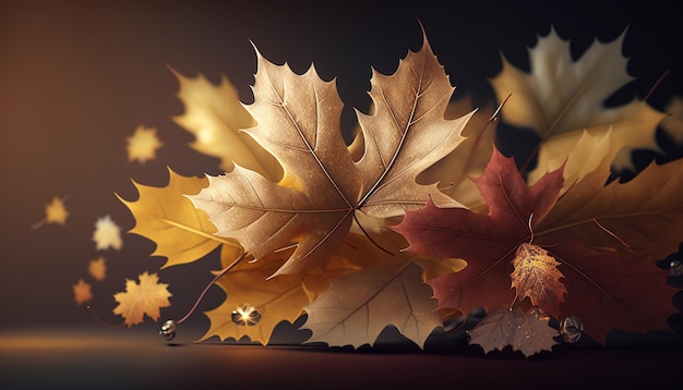 Beautiful realistic autumn background with maple leaves Generative AI