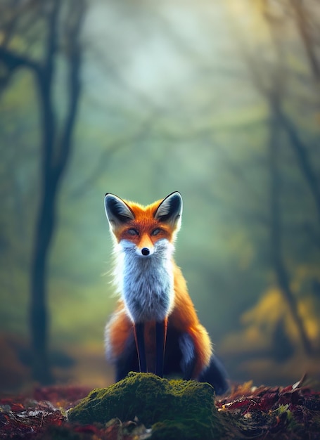 Beautiful Realistic Fox On A Defocused Autumn Forest Backdrop Hand Draw Style Raster Illustration.