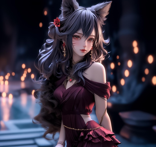 Beautiful Realistic Portrait of Girl with Cat Ears in Red and black Japanese Outfit Ai Generated