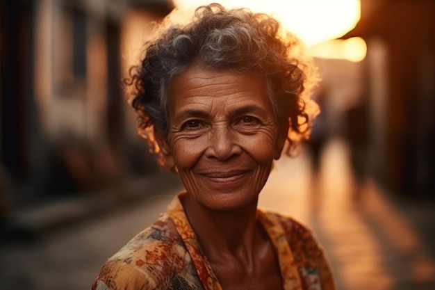 Beautiful and realistic portrait of senior brazilian woman looking at camera in sunset and smiling horizontal shape copy space