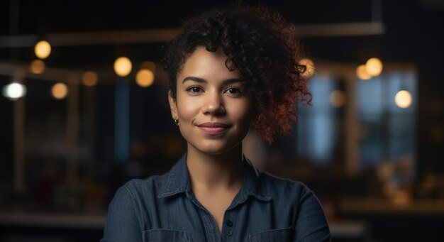 Beautiful and realistic portrait of smiling young biracial businesswoman standing with arms crossed in creative office