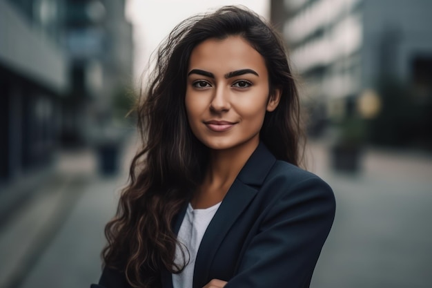 Beautiful and realistic portrait of successful young latin american business woman standing outdoor at corporate office