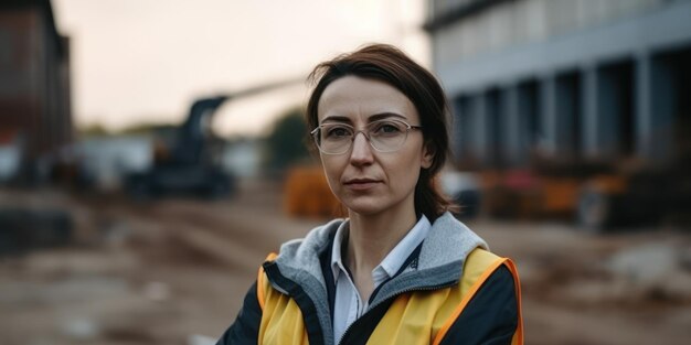 Beautiful and realistic portrait of woman engineer at building site looking at camera with copy space mature construction manager standing in yellow safety vest and white hardhat with crossed arms