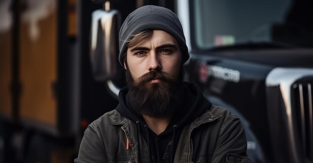 Beautiful and realistic portrait of young bearded man standing by his truck professional truck driver with crossed arms standing by semi truck vehicle