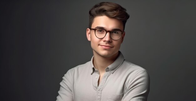 Beautiful and realistic portrait of young handsome smiling business guy wearing gray shirt and glasses feeling confident with crossed arms isolated on white background