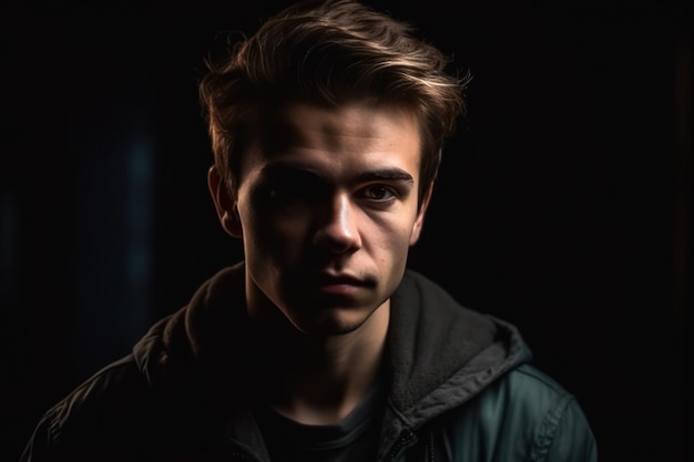 Beautiful and realistic portrait of young man serious expression looking at camera dark background