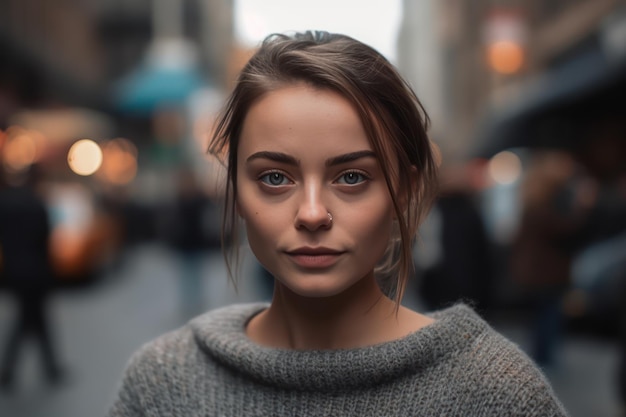 Beautiful and realistic portrait of young woman in grey sweater looking at camera in new york