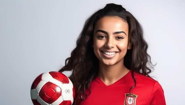 Beautiful and realistic portrait of young woman smiling with red jersey of her team from her favorite country morocco holding a soccer ball on white background