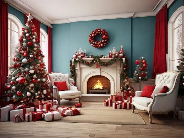 A beautiful realistic Santa Claus and Christmas tree with Christmas theme