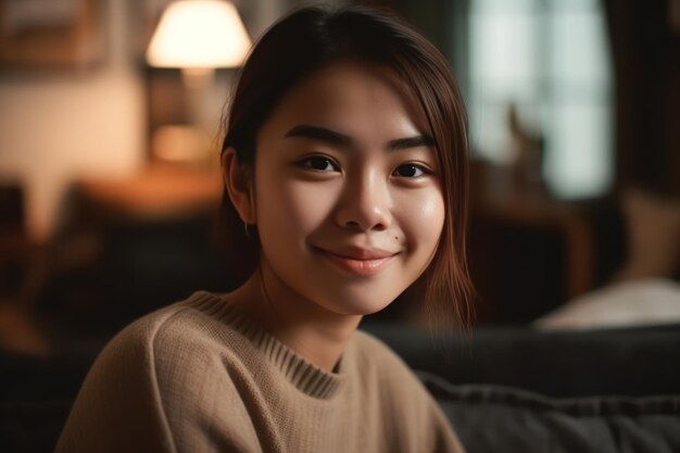 Beautiful and realistic teenager asian woman feeling happy smiling and looking to camera while relax in living room at home