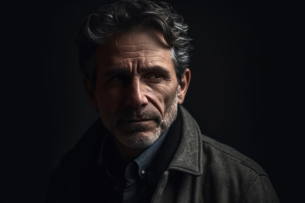 Beautiful and realistic thoughtful intense middle aged man standing staring at the camera against a dark grey studio background with copy space