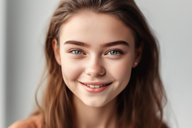 Beautiful and realistic vertical portrait of beautiful girl smiling at camera touching natural face without makeup healthy glowing facial skin and white teeth standing over white background