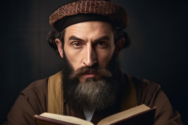 Beautiful and realistic waist up portrait of bearded jewish man wearing kippah and looking at camera holding book copy space