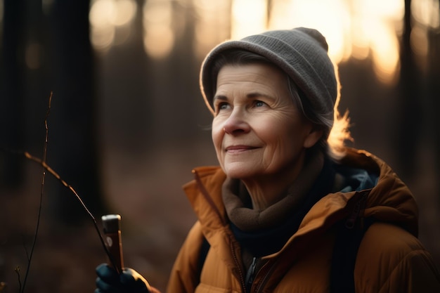 Beautiful and realistic waist up portrait of smiling mature woman enjoying nordic walk in winter forest at sunset copy space