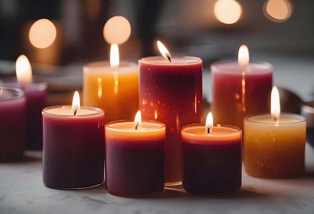 Beautiful red candles of different sizes burn on table in darkness closeup