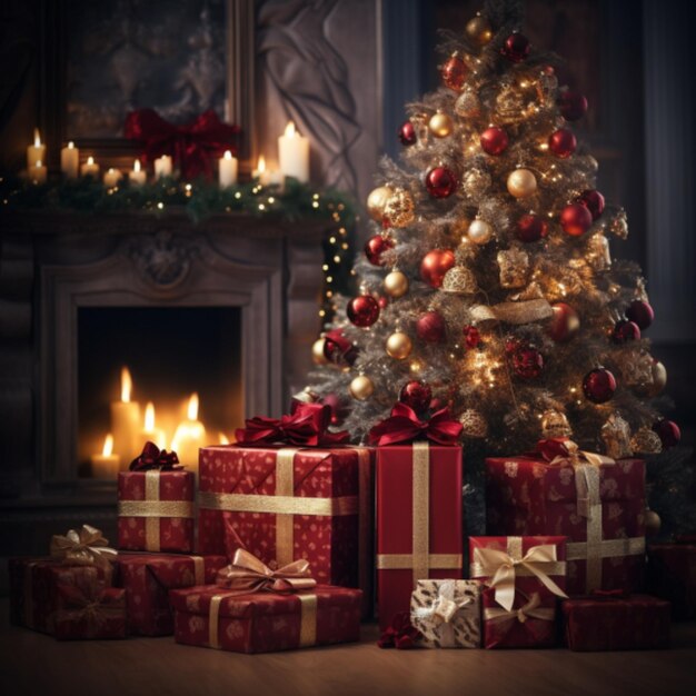 Beautiful red Christmas background with a decorated Christmas tree in the living room near the fire