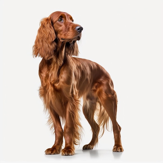 Beautiful red dog breed Irish Setter portrait isolated on white closeup lovely home pet