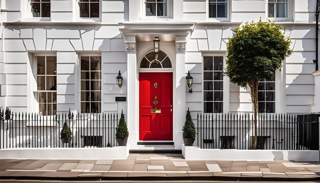 Photo beautiful red door in a white house facade in notting hill